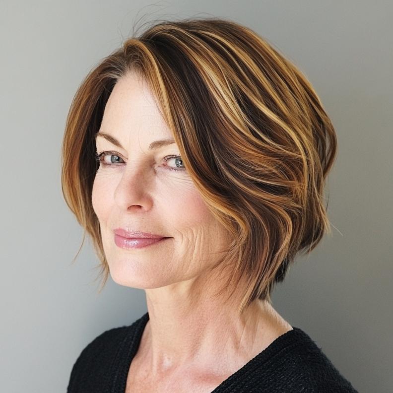 Sophisticated Graduated Bob for women over 50, with gradually longer layers in the front for a voluminous and structured style.