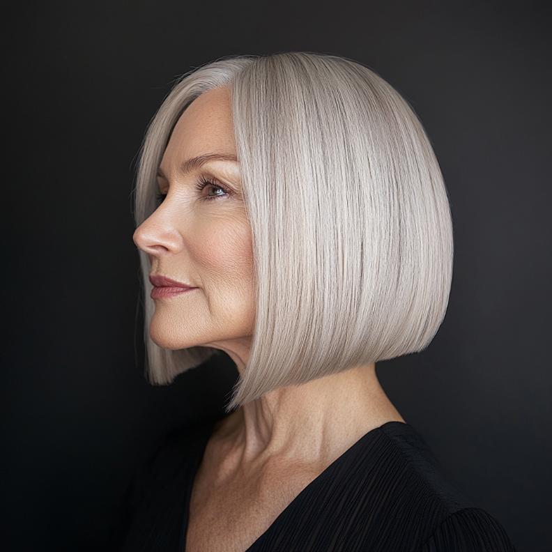 Sophisticated Silver Bob for women over 50, embracing natural grey hair with a sleek and elegant bob cut.