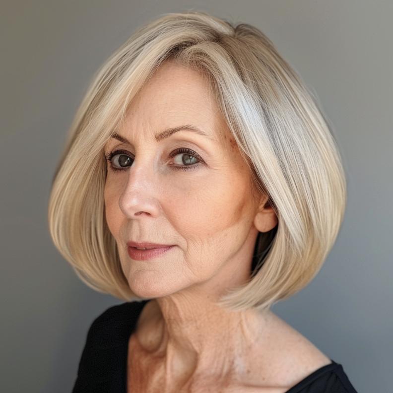 Sophisticated Sleek A-Line Bob for Women Over 60 with Fine Hair, featuring a modern, voluminous shape.