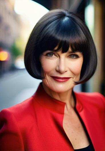 Sophisticated woman over 50 wearing a classic pageboy cut with curved bangs, offering a timeless and elegant look.