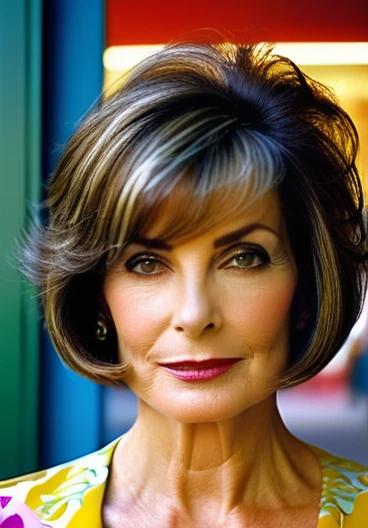 Sophisticated woman over 50 wearing a graduated bob with feathered bangs, adding volume and dimension to her hair.