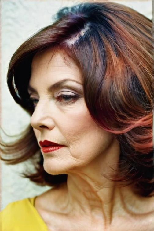 Stacked bob with long layers on a woman over 60, creating a full, voluminous look with modern sophistication.