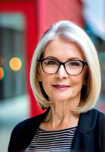 Straight Shoulder-Length Cut Hairstyle for Women Over 50 with Glasses.