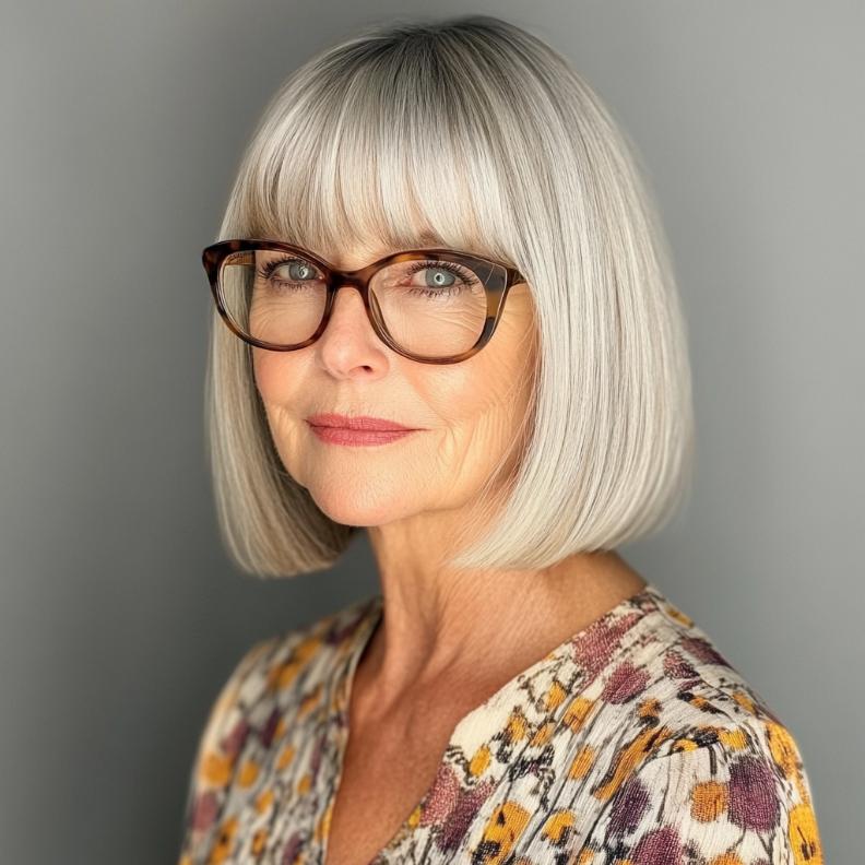 Straight bob with blunt bangs for women over 70 with glasses, delivering a bold and fashionable look.