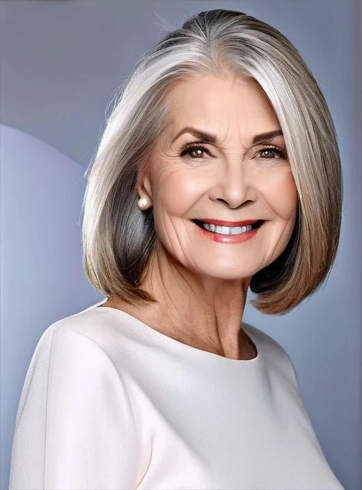 Straight lob medium-length hairstyle for women over 60, a classic and timeless straight haircut.