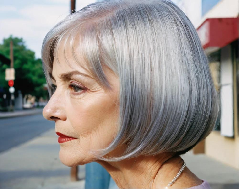 Straight silver bob hairstyle on a woman over 60, showcasing sleek elegance with a modern metallic hue.