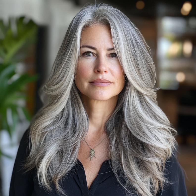 Stunning gray balayage on long layers for women over 50, adding depth and dimension to the hair.