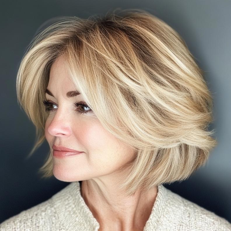 Stylish Layered Bob for women over 50, adding volume and movement with soft layers throughout the hair.