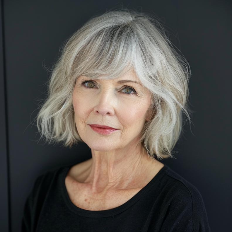 Stylish Short Bob with Bangs for Women Over 60 with Fine Hair, offering a soft, voluminous look