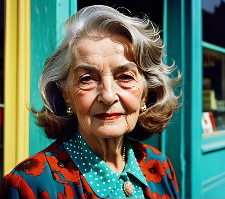 Stylish elderly woman with loose waves and a side part, radiating effortless beauty.