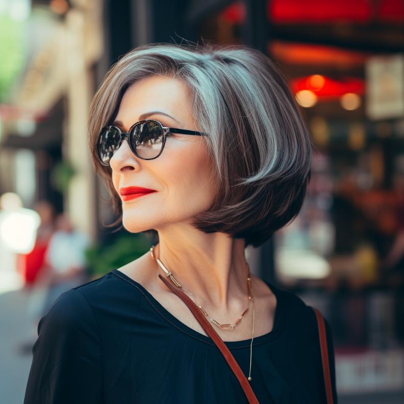 Subtle A-line bob for women over 50, a stylish and flattering cut for thick hair.