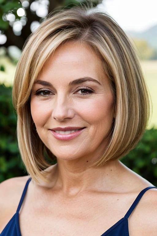 Sun-kissed straight bob for women over 50 with fine hair, offering natural highlights and sleek styling.