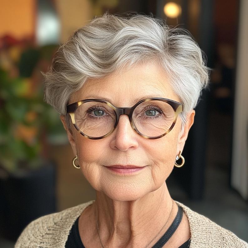 Tapered pixie cut with volume on top for women over 70 with glasses, adding height and focusing on the eyewear.