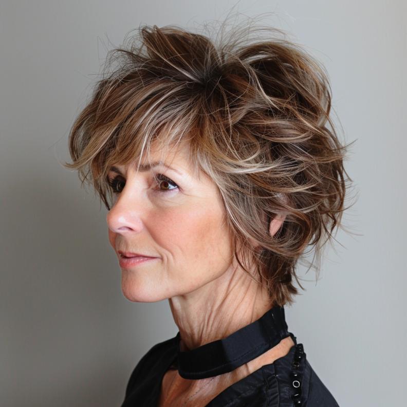 Textured Short Layered Crop for Women Over 60 with Fine Hair, creating a fuller, voluminous look.