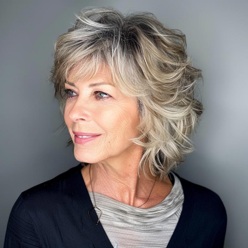 Textured Short Layered Shag for Women Over 60 with Fine Hair, adding depth and movement.