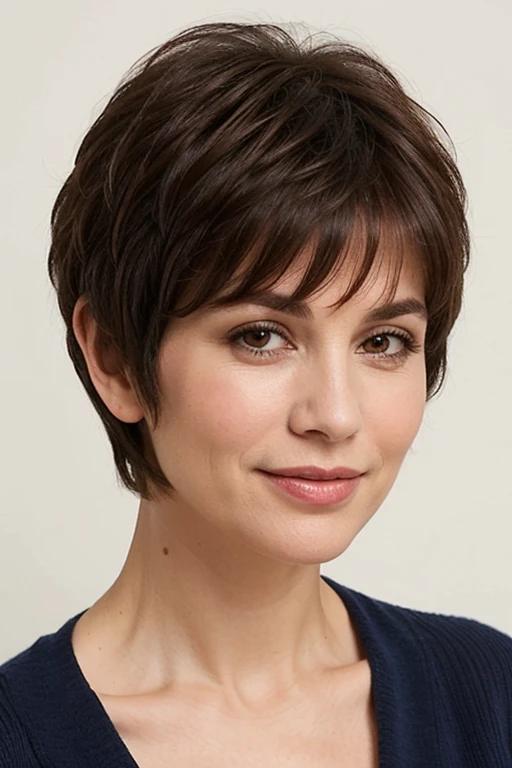 Textured cropped pixie cut for women over 50 with fine hair, featuring wispy bangs for a soft and modern look.