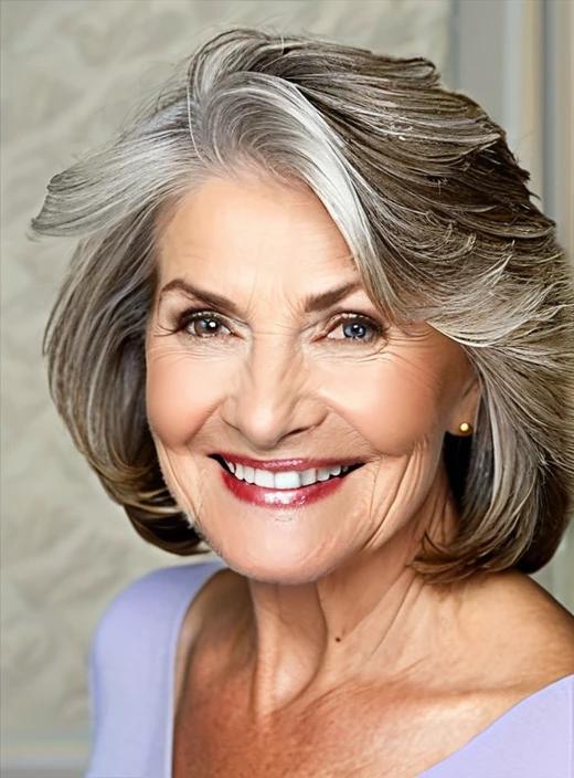 Textured lob medium-length hairstyle for women over 60, adding volume and movement with textured layers.