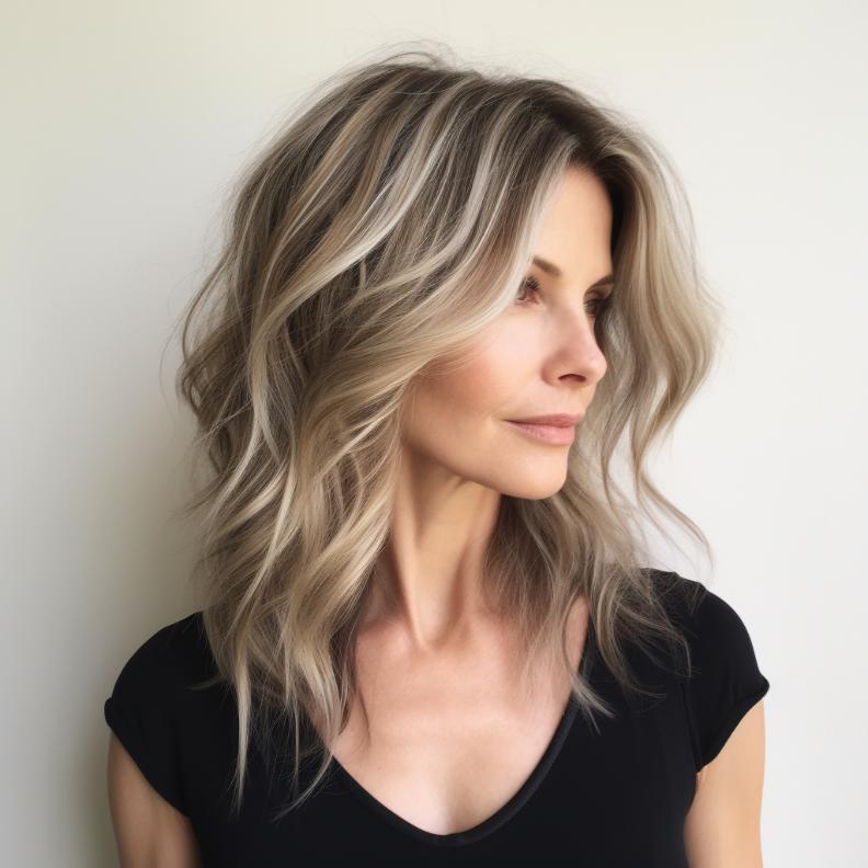 Textured long bob (lob) with beach waves for women over 50, a relaxed and trendy style for thick hair.