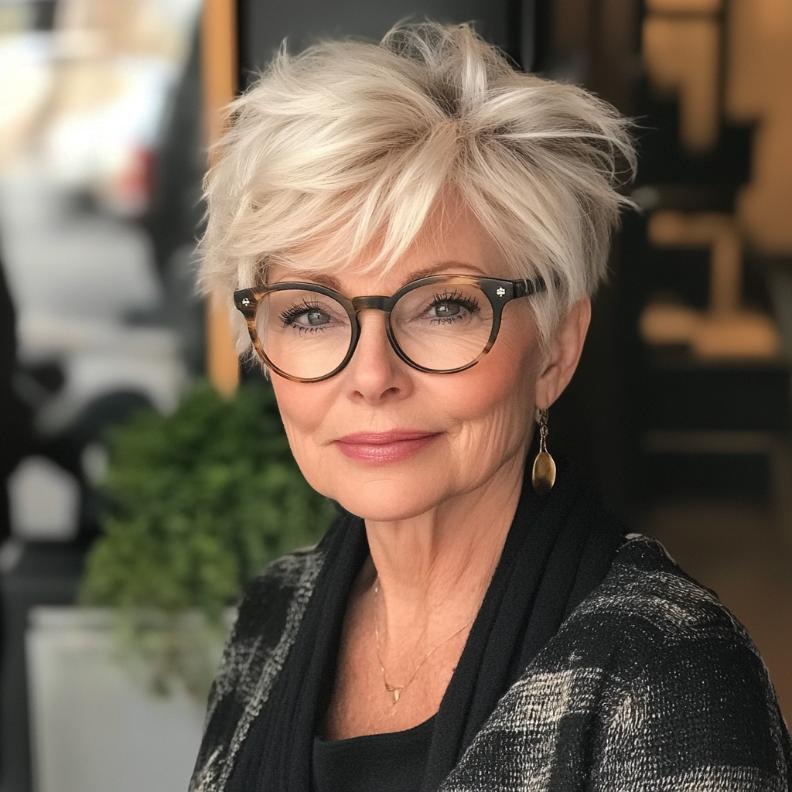 Textured pixie cut with long bangs for women over 70 with glasses, adding an edgy and modern touch.