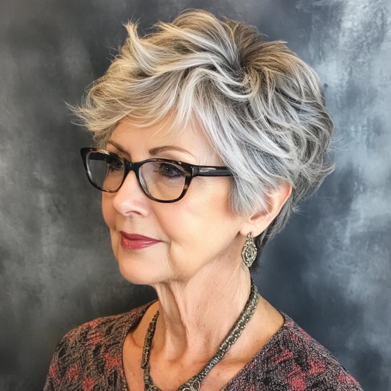 Textured shag cut for women over 70 with glasses, providing an edgy and modern hairstyle.