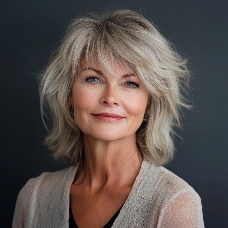 Textured shag hairstyle for women over 60 with a fringe, offering a versatile and customizable style