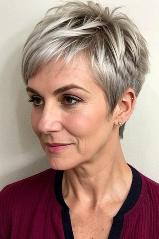 Textured spiky pixie cut for women over 50 with fine hair, creating a bold and modern spiky effect