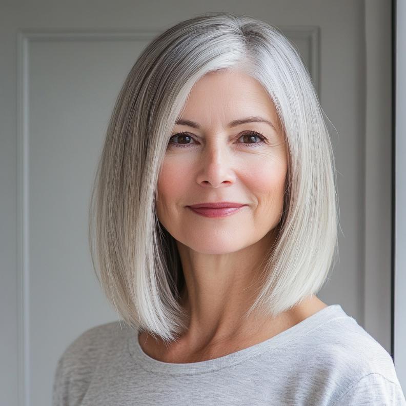 Timeless Lob (Long Bob) for women over 50, featuring a longer length that grazes the shoulders for a versatile look