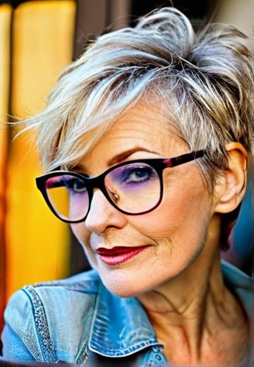 Tousled Pixie Hairstyle for Women Over 50 with Glasses.