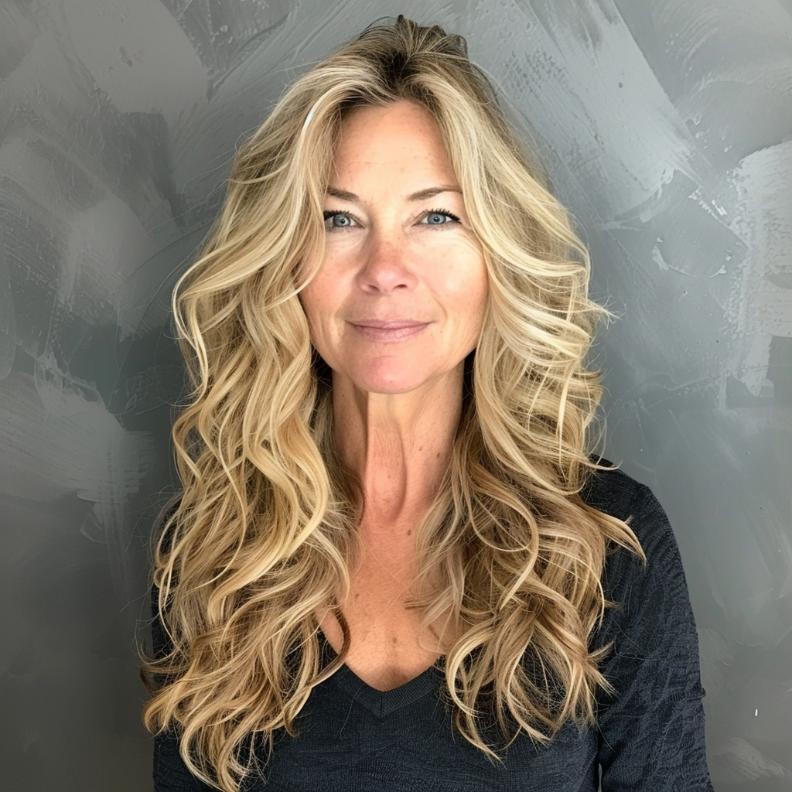 Tousled Waves for Women Over 40 with Thick Hair, showcasing a carefree, beachy vibe with plenty of volume.