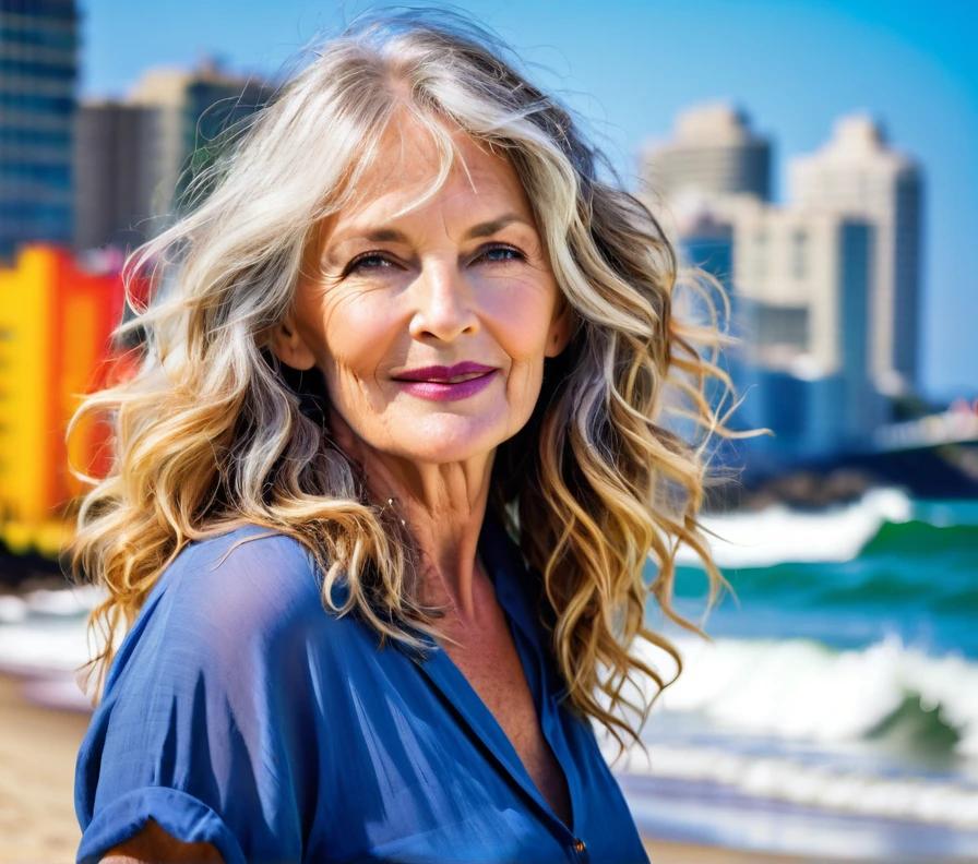 Tousled, beachy waves for women over 50 with round faces, offering a relaxed and modern appearance.