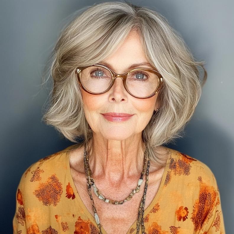 Tousled bob with layers for women over 70 with glasses, adding texture and a youthful appearance.