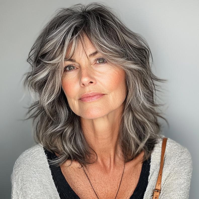 Tousled shag hairstyle for women over 60 with beachy waves, perfect for a laid-back and youthful vibe.