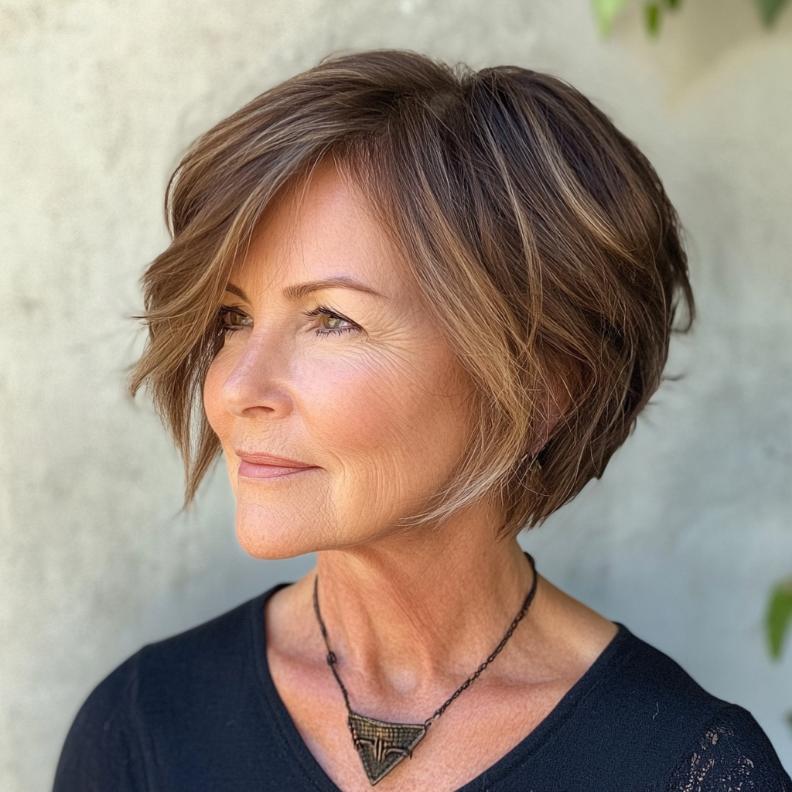 Trendy Choppy Bob for women over 50, showcasing uneven layers for a textured and modern style.