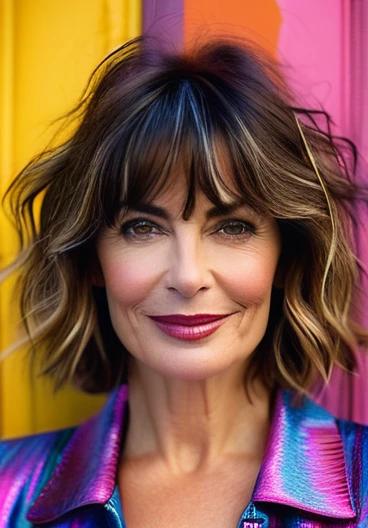 Trendy woman in her 50s with a wavy lob and fringe bangs, creating a soft and effortless hairstyle.