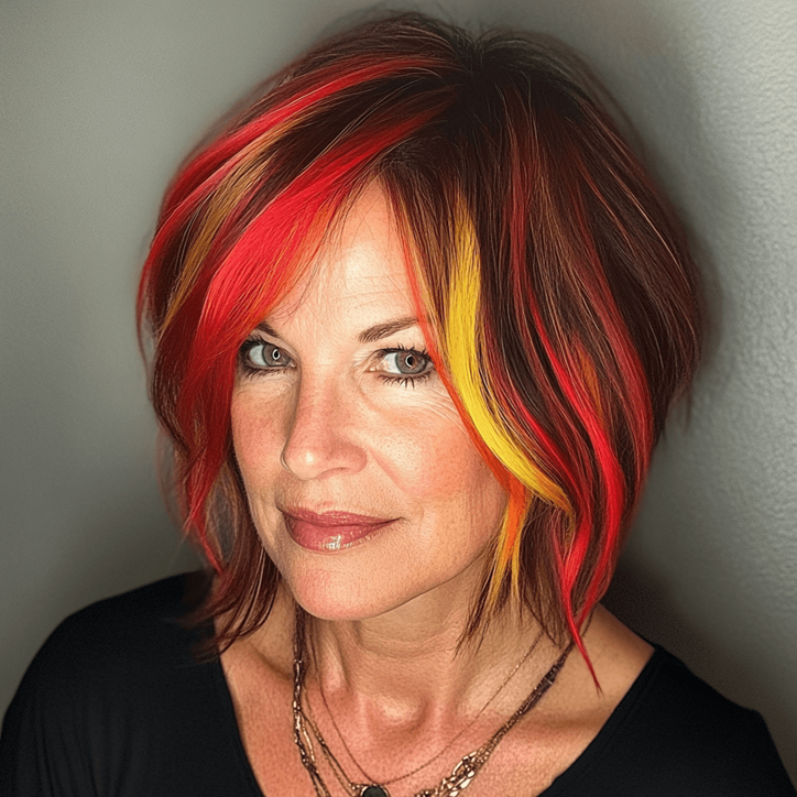 Vibrant Bob with Bold Color for women over 50, showcasing a striking color that adds a youthful and daring touch.