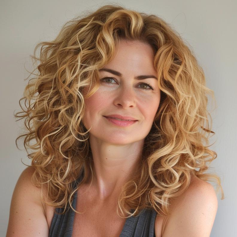 Voluminous Curls for Women Over 40 with Thick Hair, highlighting lush, bouncy curls with plenty of body and texture.