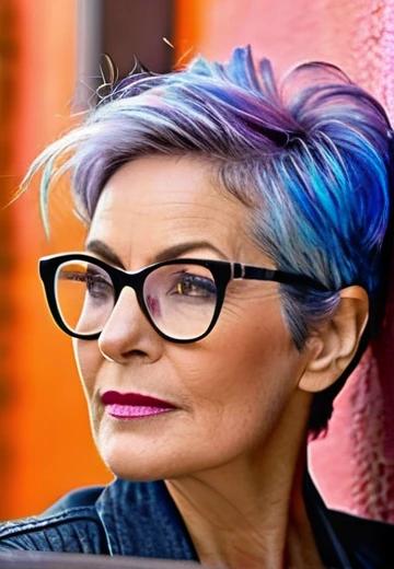 Voluminous Pixie  wit side part Hairstyle for Women Over 50 with Glasses.