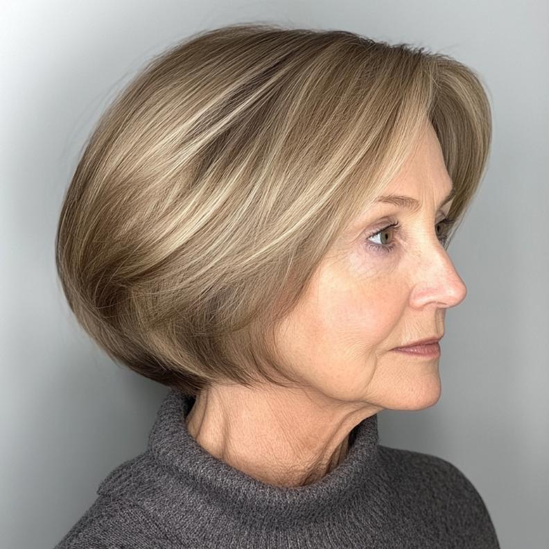 Voluminous Stacked Bob for women over 50, with layers stacked at the back to create fullness and dimension.