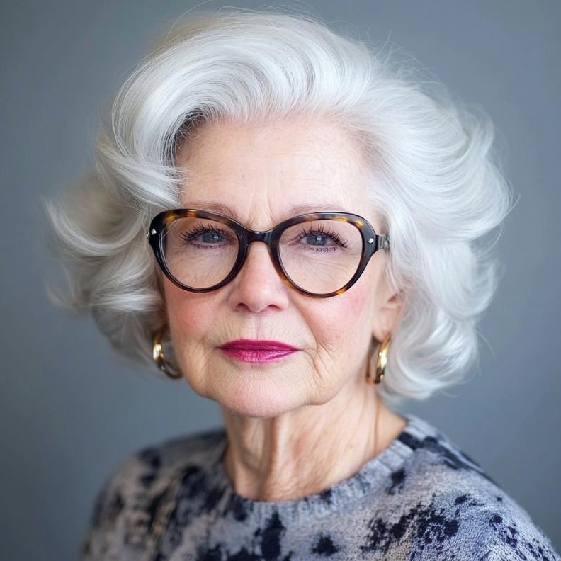 Voluminous blowout hairstyle for women over 70 with glasses, perfect for adding fullness and glamor.