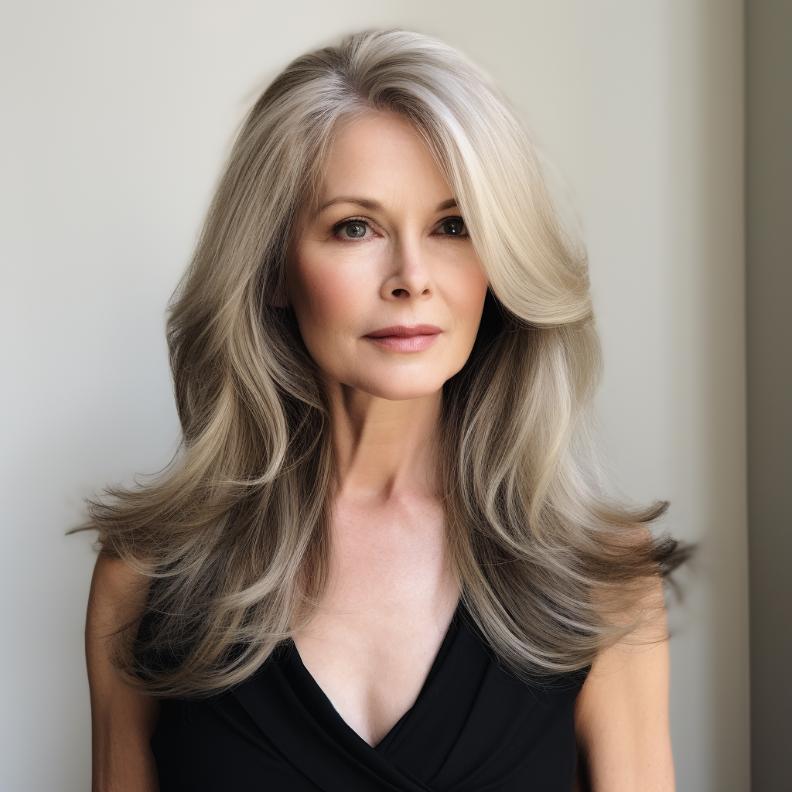 Voluminous blowout with layers for women over 50, enhancing thick hair with a full-bodied and glamorous finish.