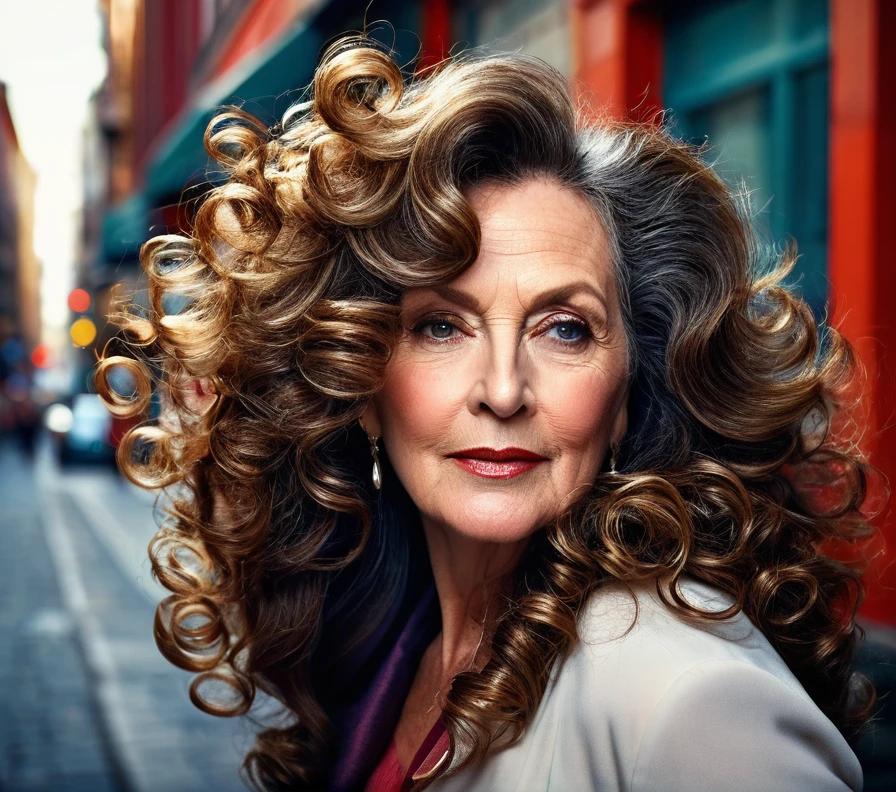 Voluminous curls with a deep side part for women over 50, creating a glamorous and full-bodied hairstyle for thick hair.