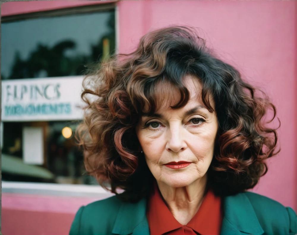 Voluminous curly bob with bangs for a 60-year-old woman, providing a bold, lively look with full curls.