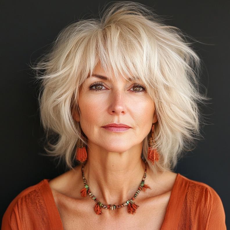 Voluminous shag hairstyle for women over 60 with crown layers, adding height and fullness to thinning hair.