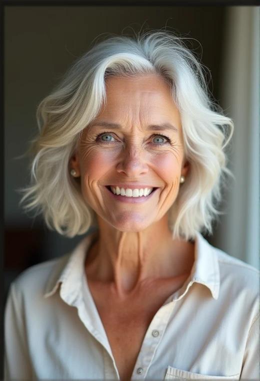 Wavy bob medium-length hairstyle for women over 60, relaxed and natural with wavy hair.