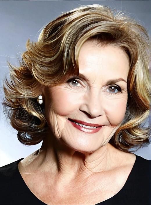 Wavy lob medium-length hairstyle for women over 60, with casual waves creating a youthful and modern appearance