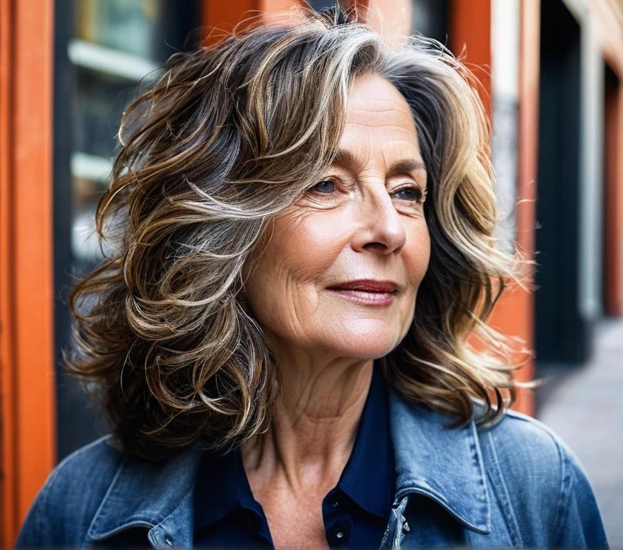 Wavy long bob (lob) with subtle highlights for women over 50, enhancing thick hair with soft waves and natural-looking highlights.