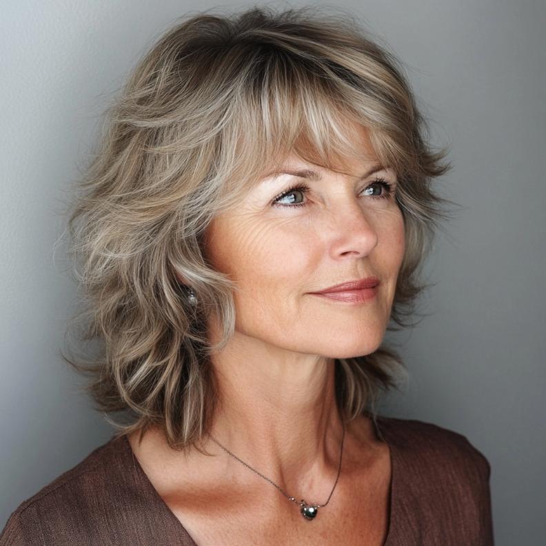 Wavy shag hairstyle for women over 60 with a side fringe, providing a flattering and stylish appearance