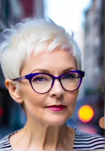 White Pixie Hairstyle for Women Over 50 with Glasses.