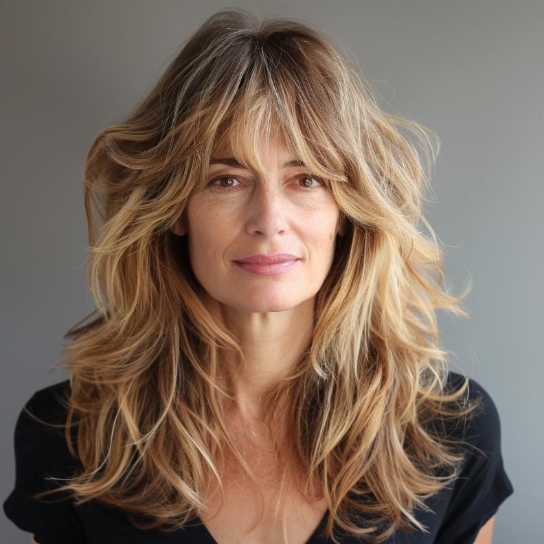 Wispy Bangs with Long Layers for Women Over 40 with Thick Hair, offering a soft, romantic style with plenty of texture.