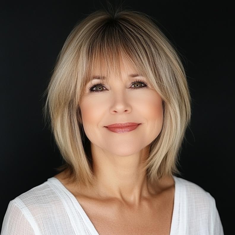 Youthful Bob with Bangs for women over 50, highlighting face-framing bangs that add a playful touch.